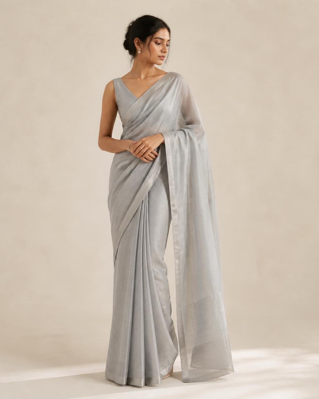Pearl-toned contemporary saree from the Nyroka collection